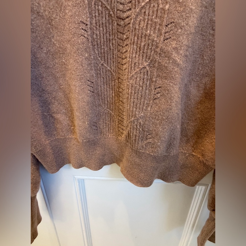 Small Anthropologie cashmere ruffle sweater mock neck cable knit honey tan - Picture 10 of 16